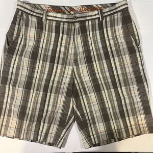 Tommy Bahamas Shorts Mens Sz 36 Beige/Brown‎ Silk Blend Plaid Flat Front Bermuda